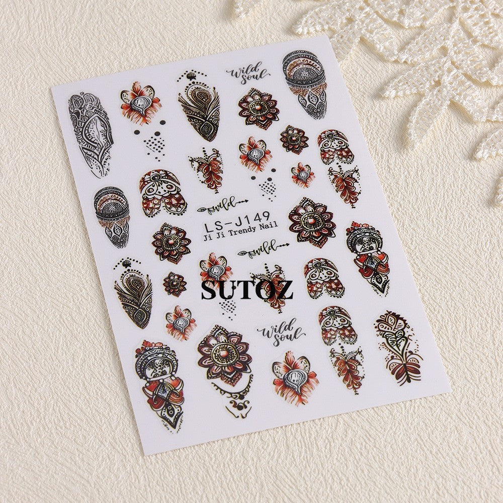 4 Sheets Nail Art Retro Bohemian Flower Stickers - Self Adhesive DIY Nail Decals