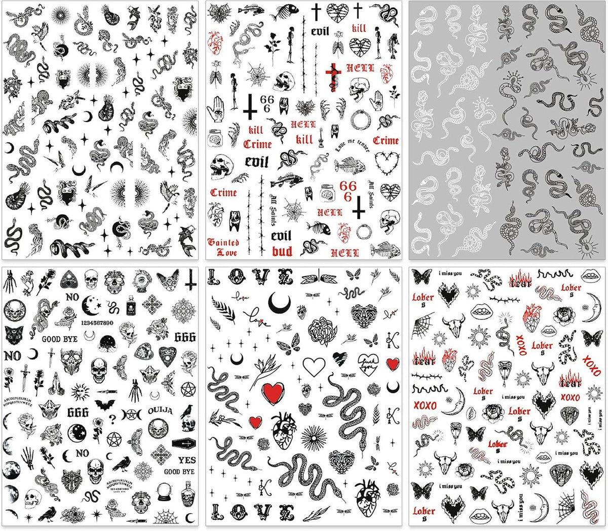 Black Gothic Snake & Skull Nail Art Stickers - Self-Adhesive 3D Decals for Edgy Manicures