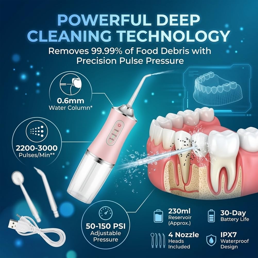 Electric Water Flosser Cordless Oral Irrigator with 4 Tips and USB Rechargeable