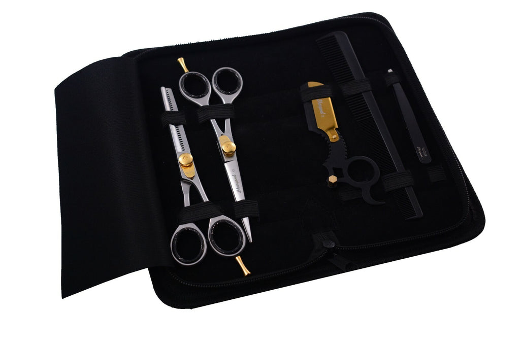Professional Hair Cutting & Thinning Scissors Set with Razor and Pouch