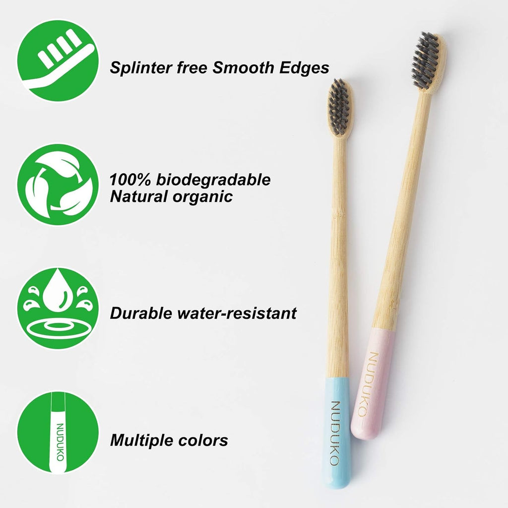 Bamboo Charcoal Toothbrushes 6 Pack - Soft BPA Bristles, Eco-Friendly & Biodegradable