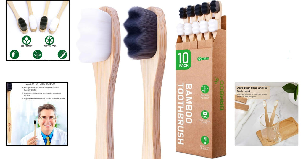 Eco-Friendly Bamboo Toothbrushes 10 Pack - Extra Soft Micro-Nano Bristles for Sensitive Teeth