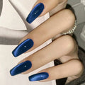 Medium Coffin Cat Eye Nail Tips Set - Blue Full Cover Press-On Nails