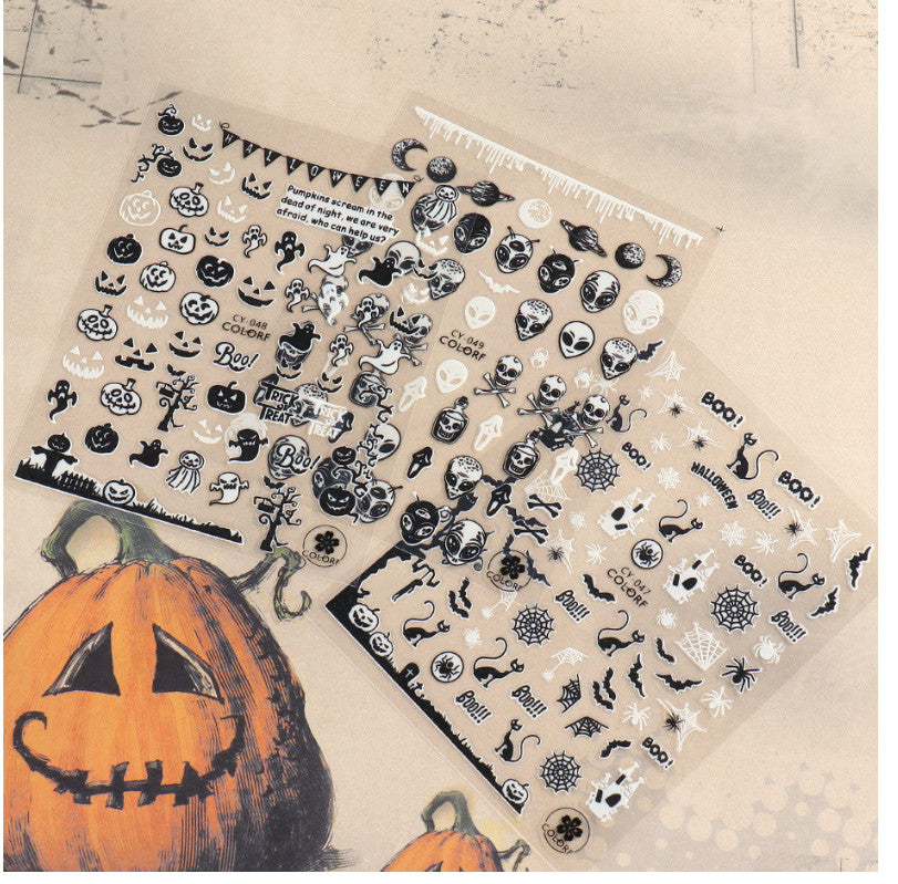 Glow-in-The-Dark Halloween Nail Stickers - Skull Ghost Pumpkin Spider Web Bat 6 Pack