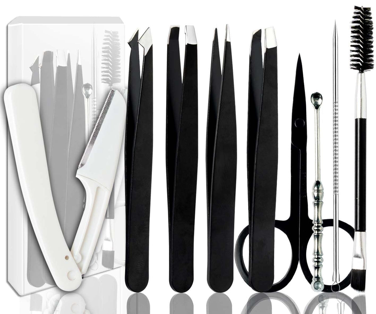 Women Facial Hair & Eyebrow Tweezers Kit - Stainless Steel & Anti-Slip