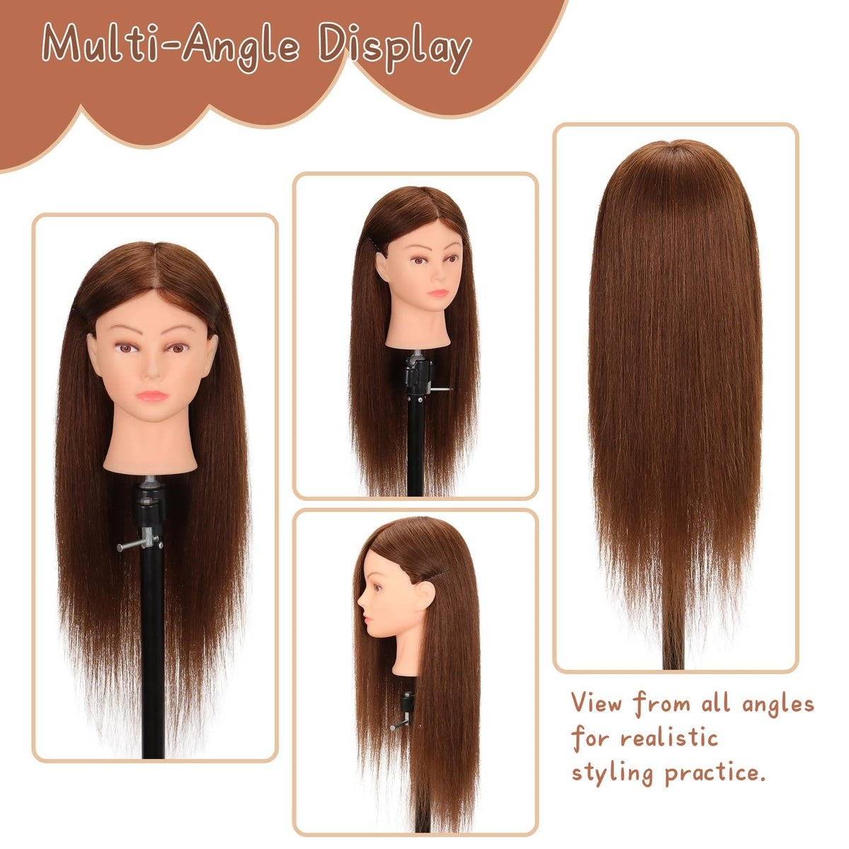 Real Human Hair Mannequin Head for Hair Styling Practice 22-24 Inches Dark Brown