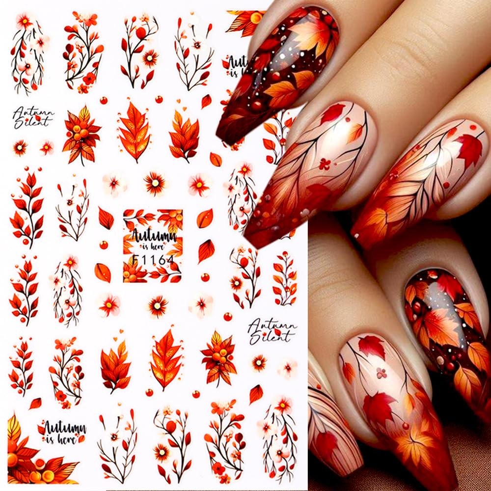 Fall Nail Art Stickers - Autumn Maple Leaf 3D Self-Adhesive Nail Decals, 6 Sheets