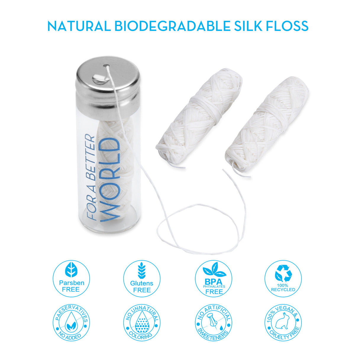 Biodegradable Mint Silk Dental Floss 3 Spools with Glass Jar - Eco-Friendly, Sensitive Gums