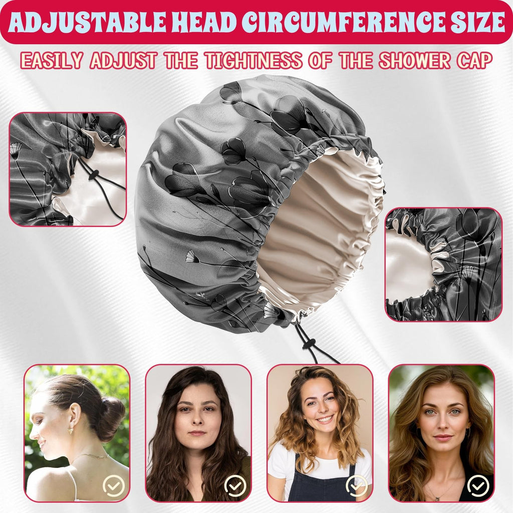 Luxury Waterproof Satin Lined Shower Cap with Adjustable Fit - Black Flower