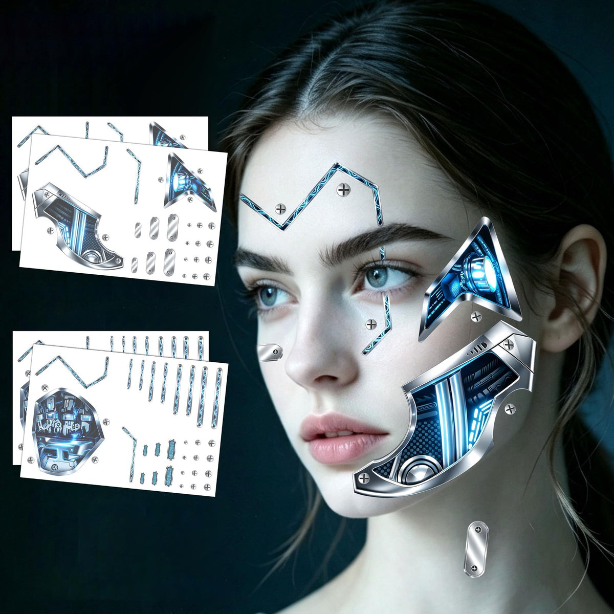 Cyborg Temporary Tattoos - 4 Sheets for Face & Hands, Metallic Halloween Makeup