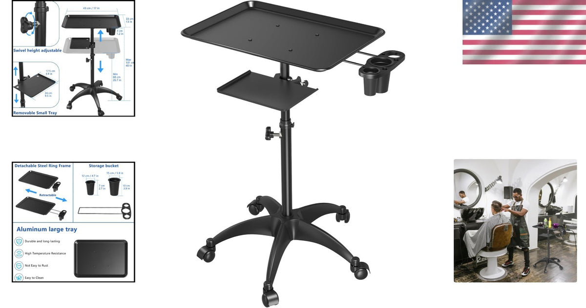Heavy-Duty Aluminum Salon Rolling Tray with Tool Holders & Adjustable Height