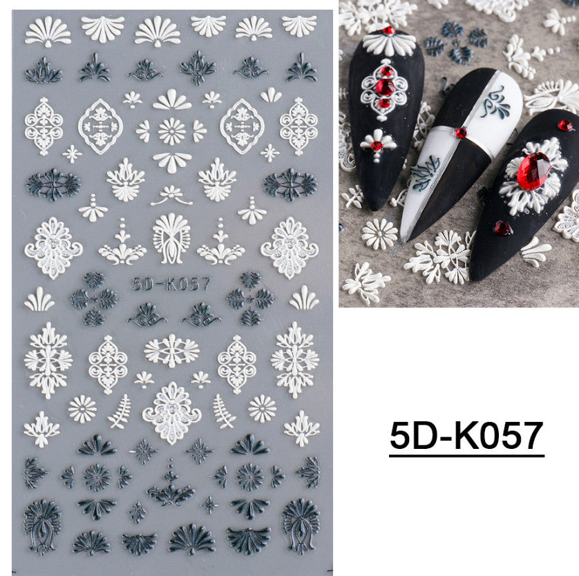 Black White Flower Nail Art Stickers - 5D Embossed Decor for Nails, Wedding & DIY