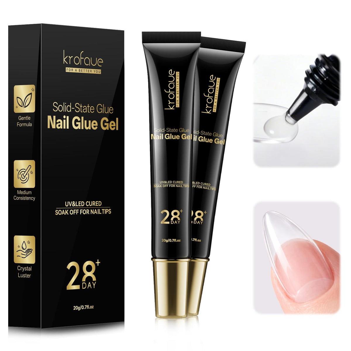 Solid Nail Glue Gel 2X20G UV LED Cure Strong Adhesion for Press-On Nails