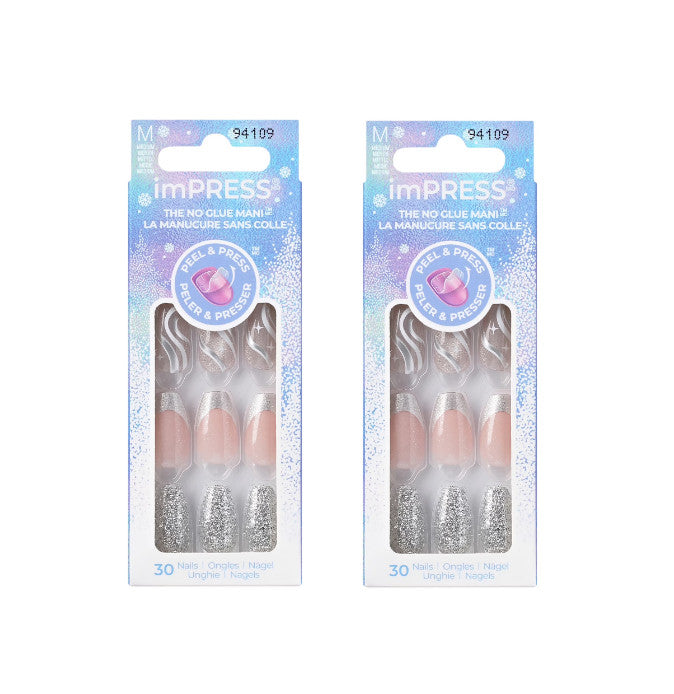 Press On Nails Silver Glitter Coffin Set No Glue Medium Length - 2 Pack