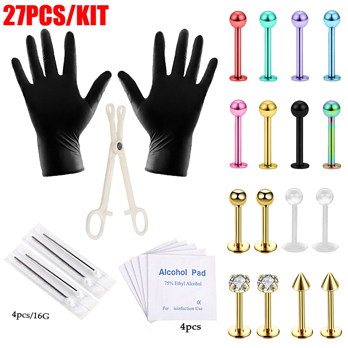 Professional Body Piercing Kit 8-27Pcs Stainless Steel 16G - Ear Nose Lip Tools Set