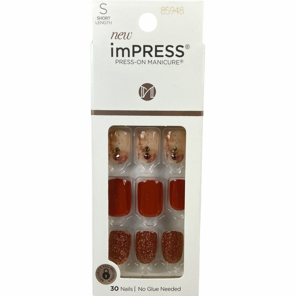 Press On Manicure Nails Short Gel Burnt Orange Marble Glitter Set