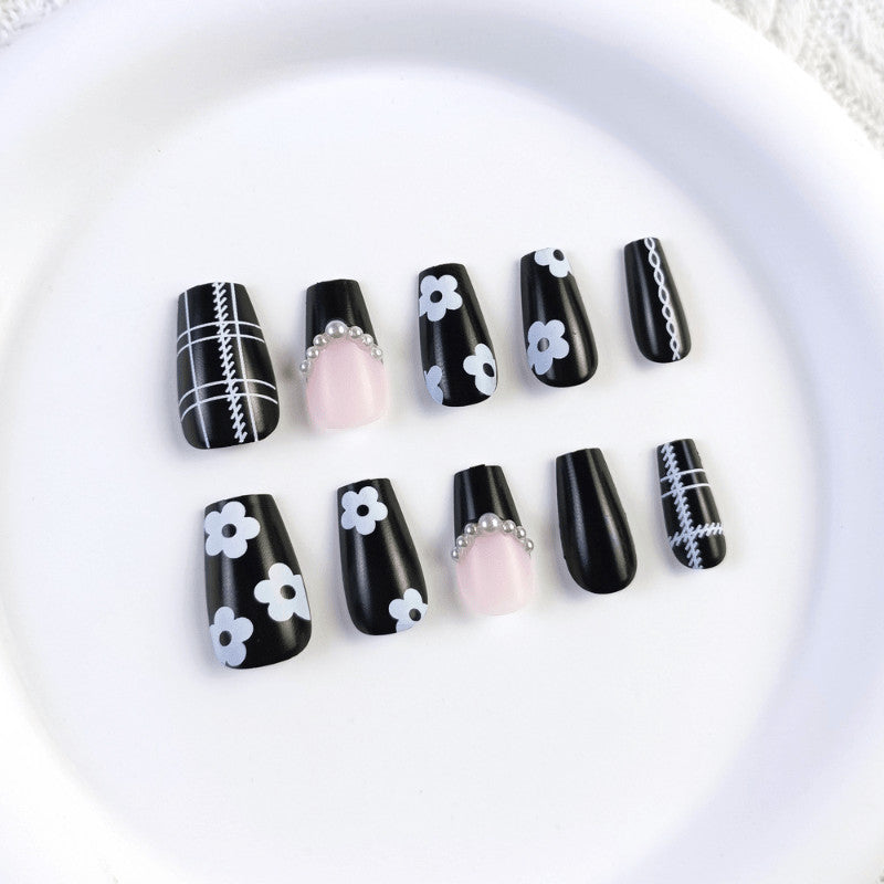 48 Pcs Black White Flower Press on Nails Medium Coffin Matte Fake Nails
