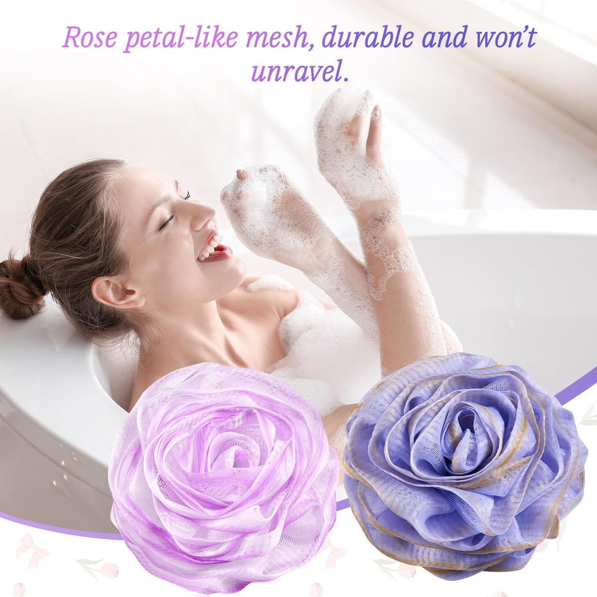 Rose-Shaped Bath & Shower Loofah Set - 2 Body Scrubbers in Purple and Grey