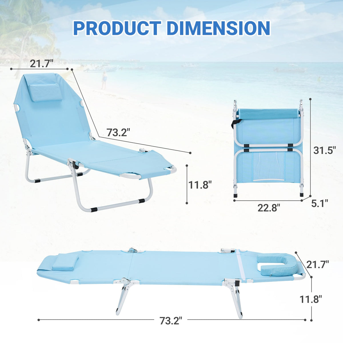 Outdoor Folding Tanning Chair with Face Hole and Mattress, Adjustable Lounger for Sunbathing and Camping