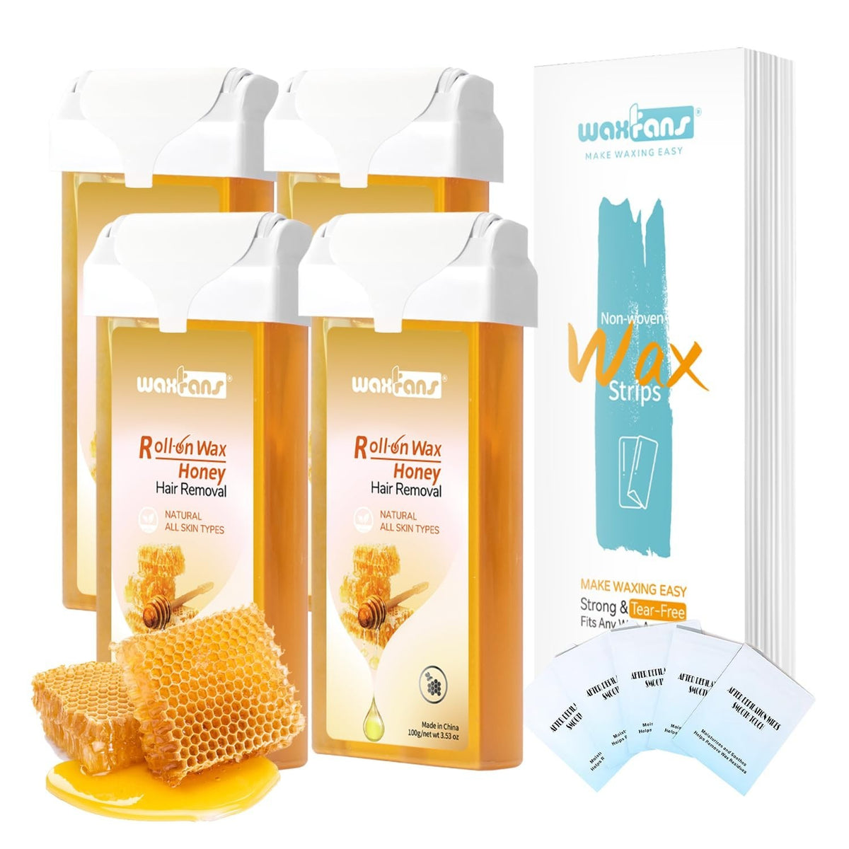 Roll-On Wax Refills for Hair Removal - Natural Honey Formula, 4 Pack