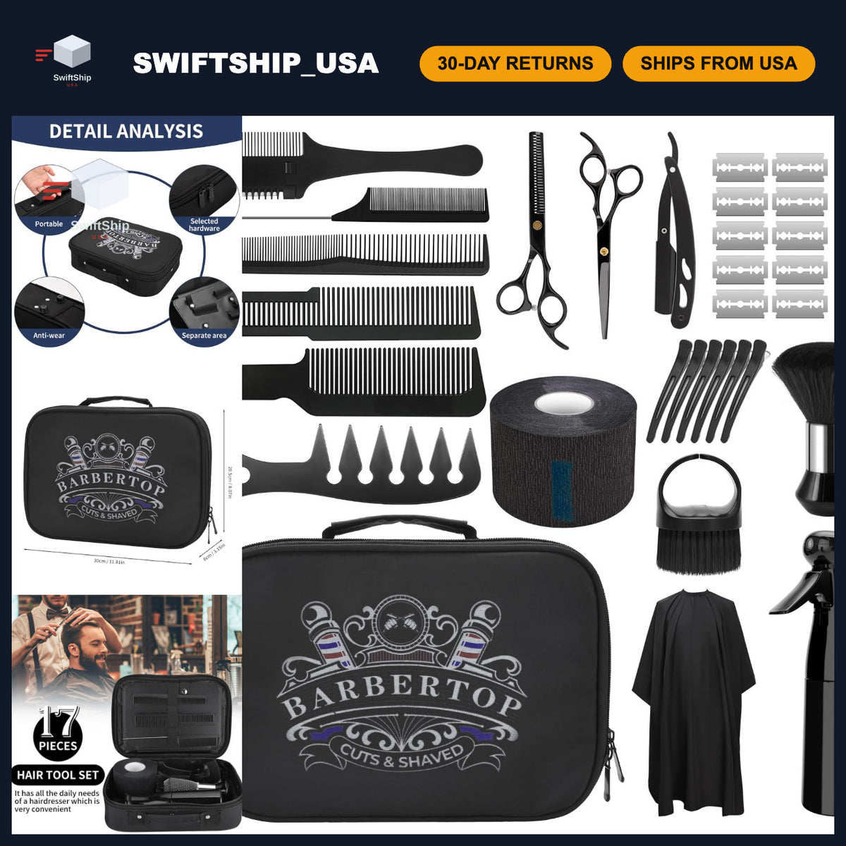 17-Piece Professional Hair Cutting Kit with Shears, Thinning Scissors, Combs & Cape