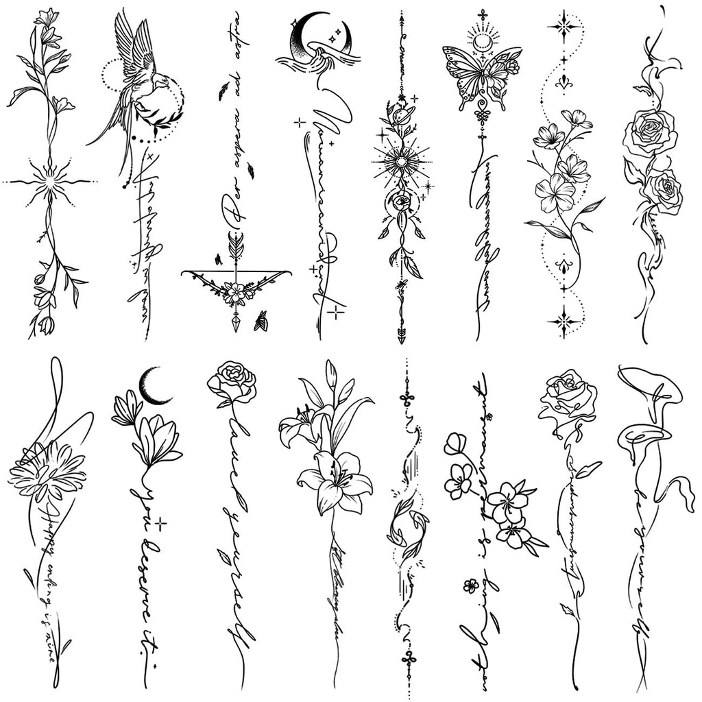 Temporary Tattoos for Women: 45 Pcs Line Flower Word Sketch Set