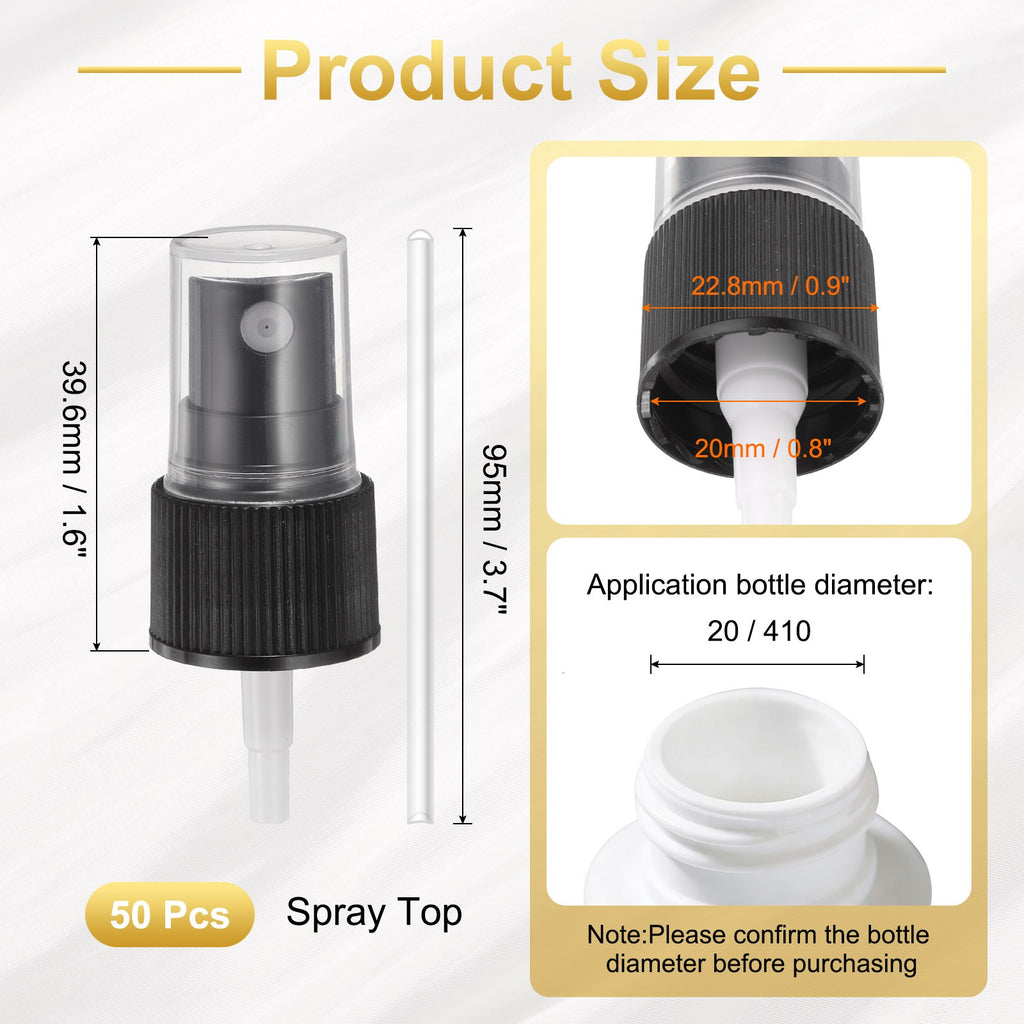 50Pcs Black Spray Tops for 20/410 Fine Mist Spray Bottles - Reusable Replacements