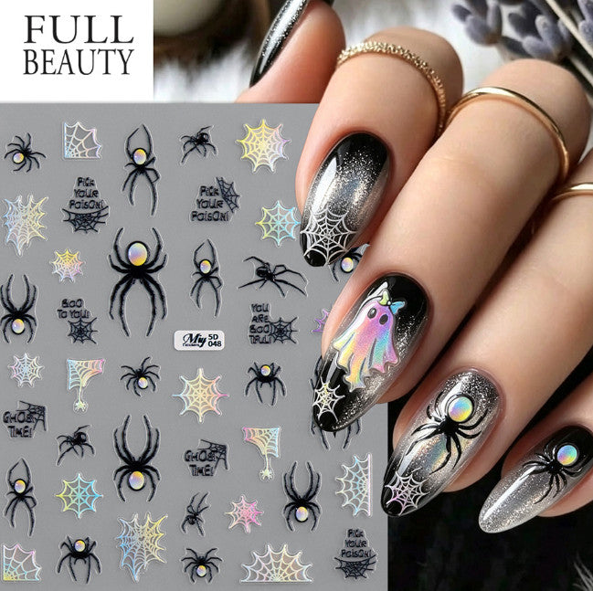 Rainbow Ghost Bat Cat Halloween Nail Stickers 2 Sheets 3D Embossed Decals