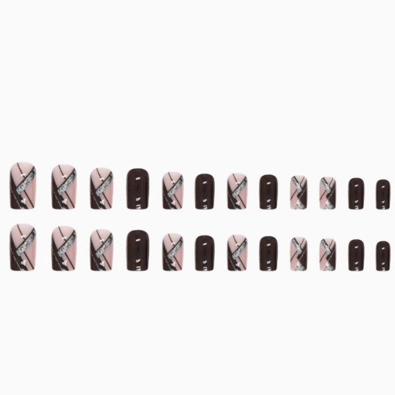 48Pcs Geometric Press-On Nails Medium Square Burgundy Red with Silver Accents