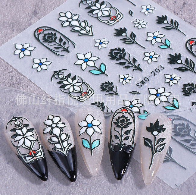 3D Floral Line Art & Stained Glass Style Flower Nail Art Stickers - Glitter Shine