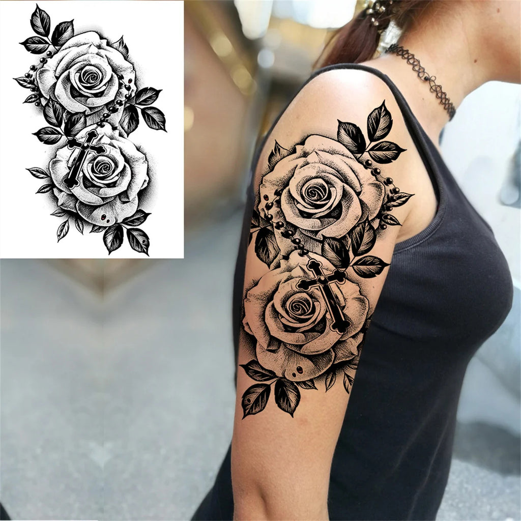 Black Moon Pendant Fake Tattoo Jewelry Set - Waterproof Floral Jewelry