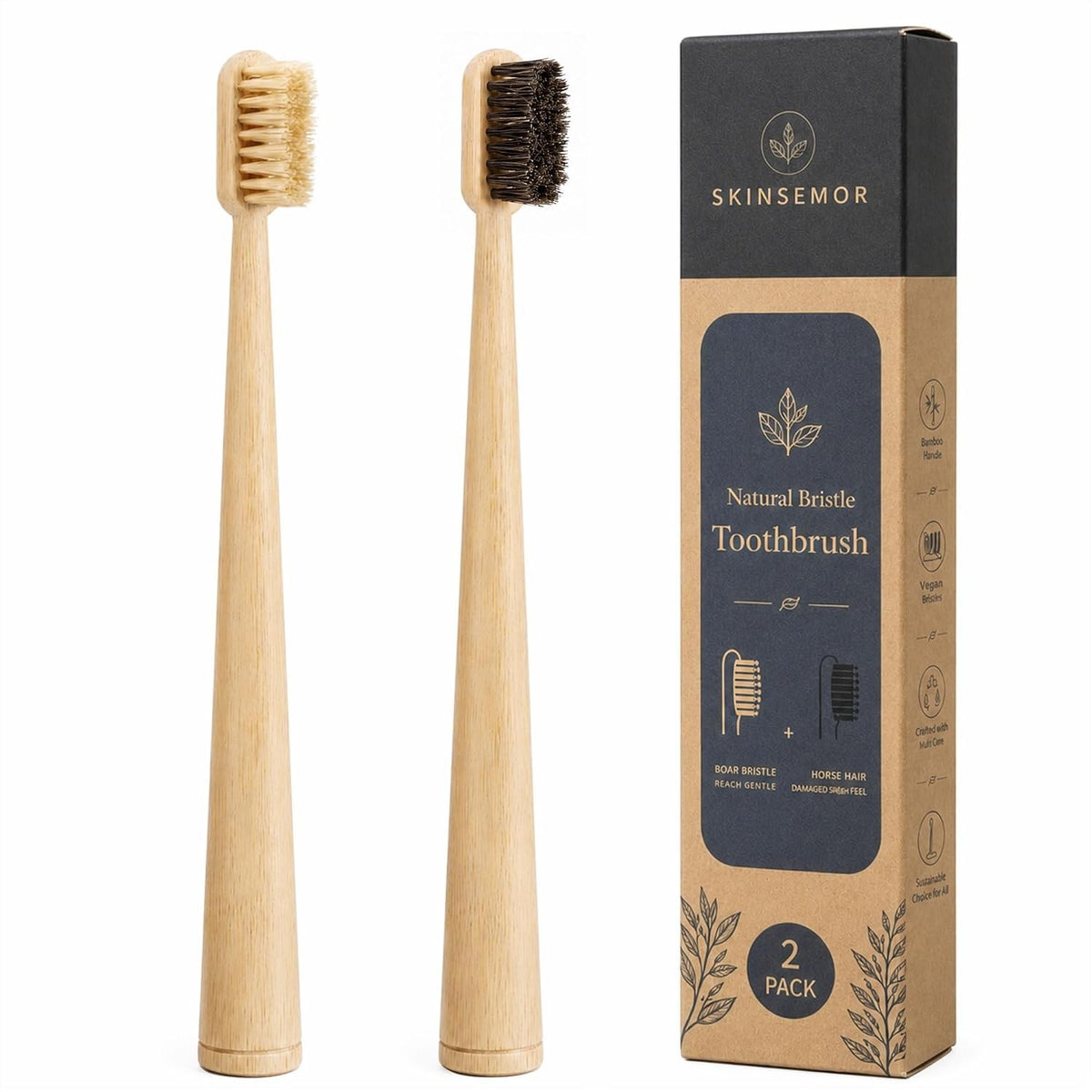 Natural Bamboo Toothbrush Set with Boar and Horsehair Bristles Eco-Friendly