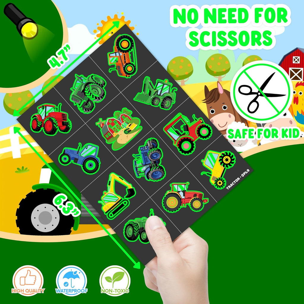 Glow-in-the-Dark Tractor Temporary Tattoos - 96 Pcs Pre-Cut Kids Tattoos