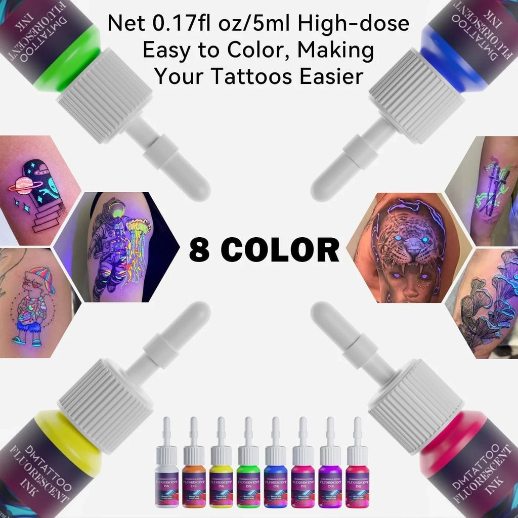 8-Color Fluorescent Tattoo Ink Set - 5ml Each, Skin-Safe Permanent Inks for UV Glow