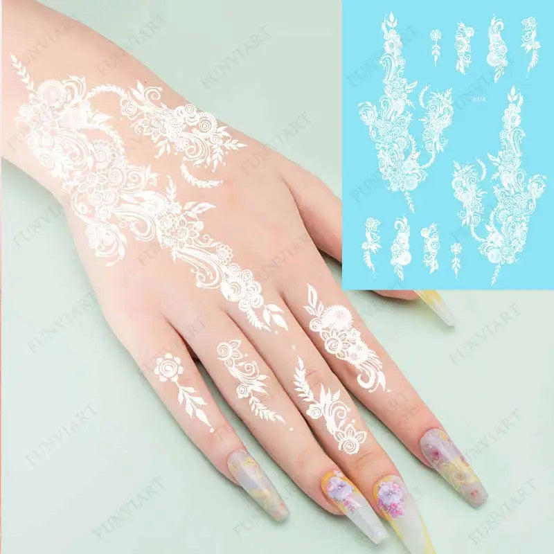 White Henna Temporary Tattoos - Mehndi Body Art Stickers for Women