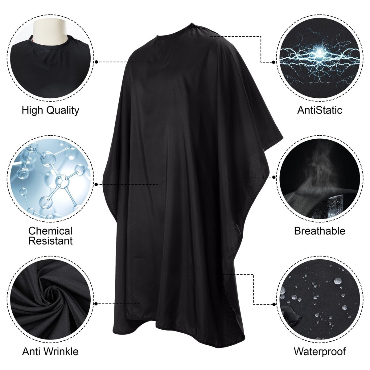 Waterproof Black Barber Cape for Hair Cutting with Adjustable Snap Closure - Salon Use