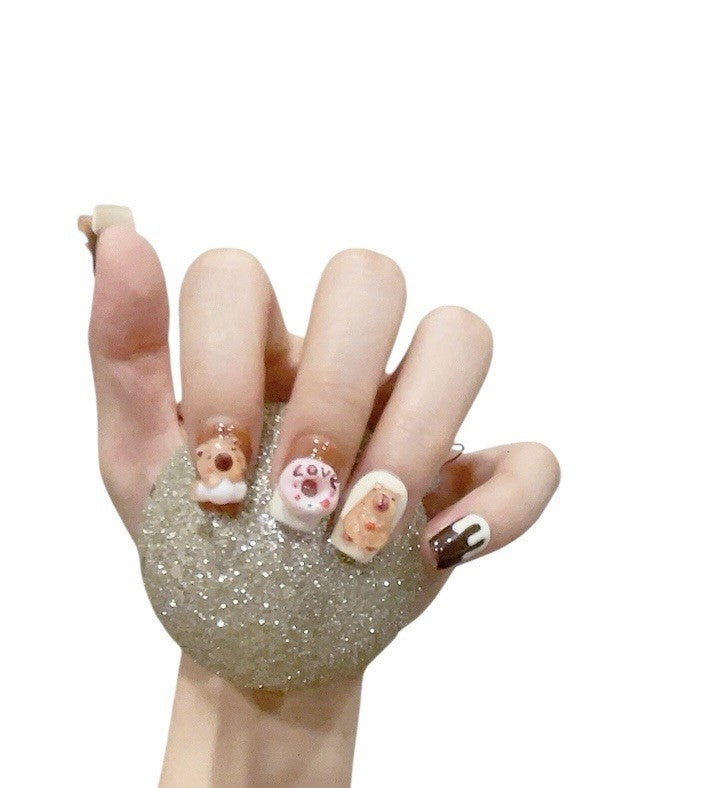 Short Brown Press-On Nails with 3D Capybara Design - Reusable & Cute Nail Art