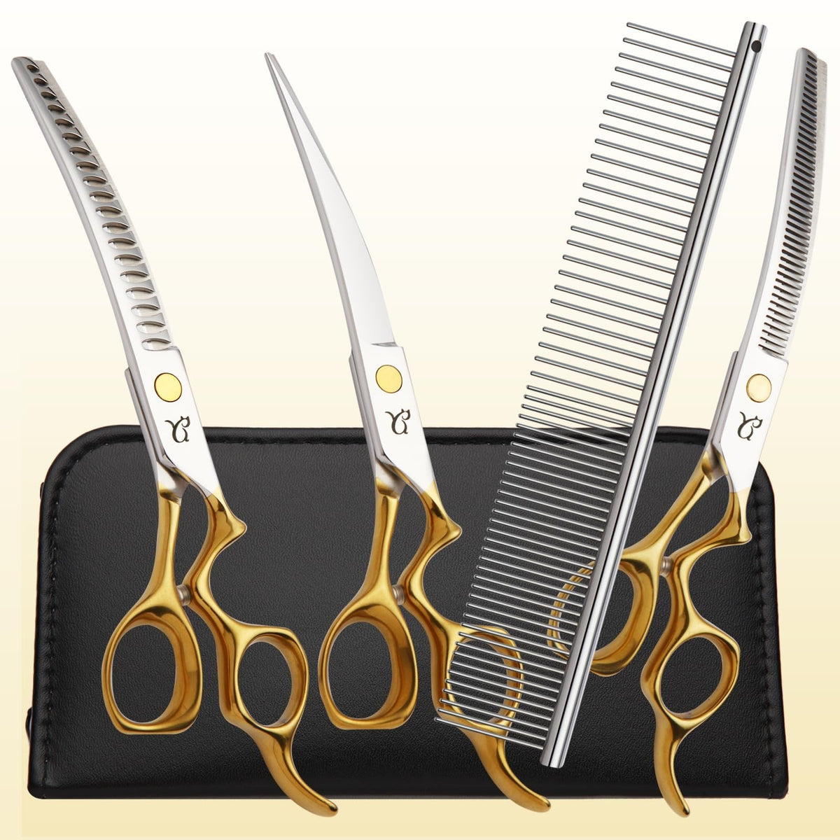 Dog Grooming Scissors Set with Curved Shears & Safety Tips - 4 in 1 Stainless Steel Kit