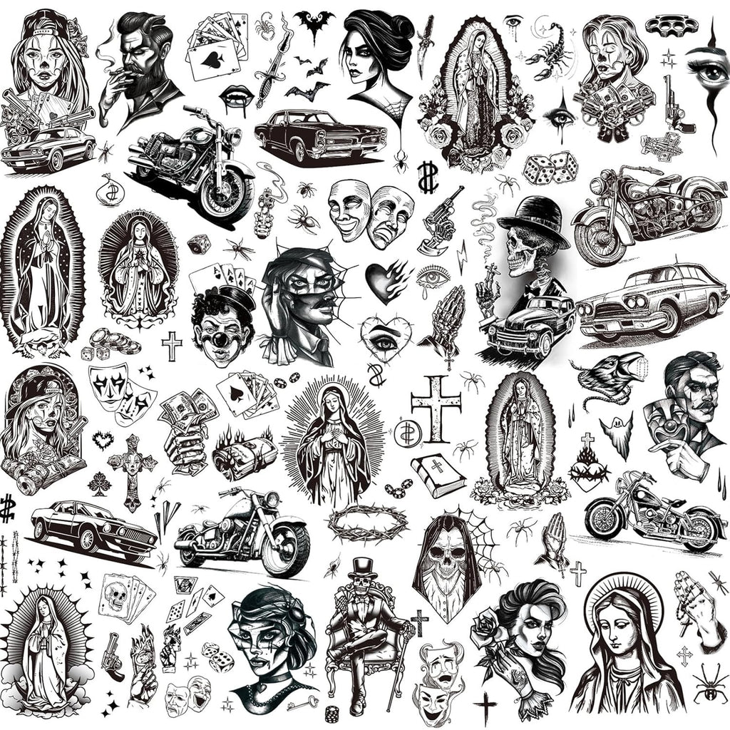 Temporary Tattoos Kit 12 Sheets Halloween Chicano Cholo Chola 110+ Designs Waterproof