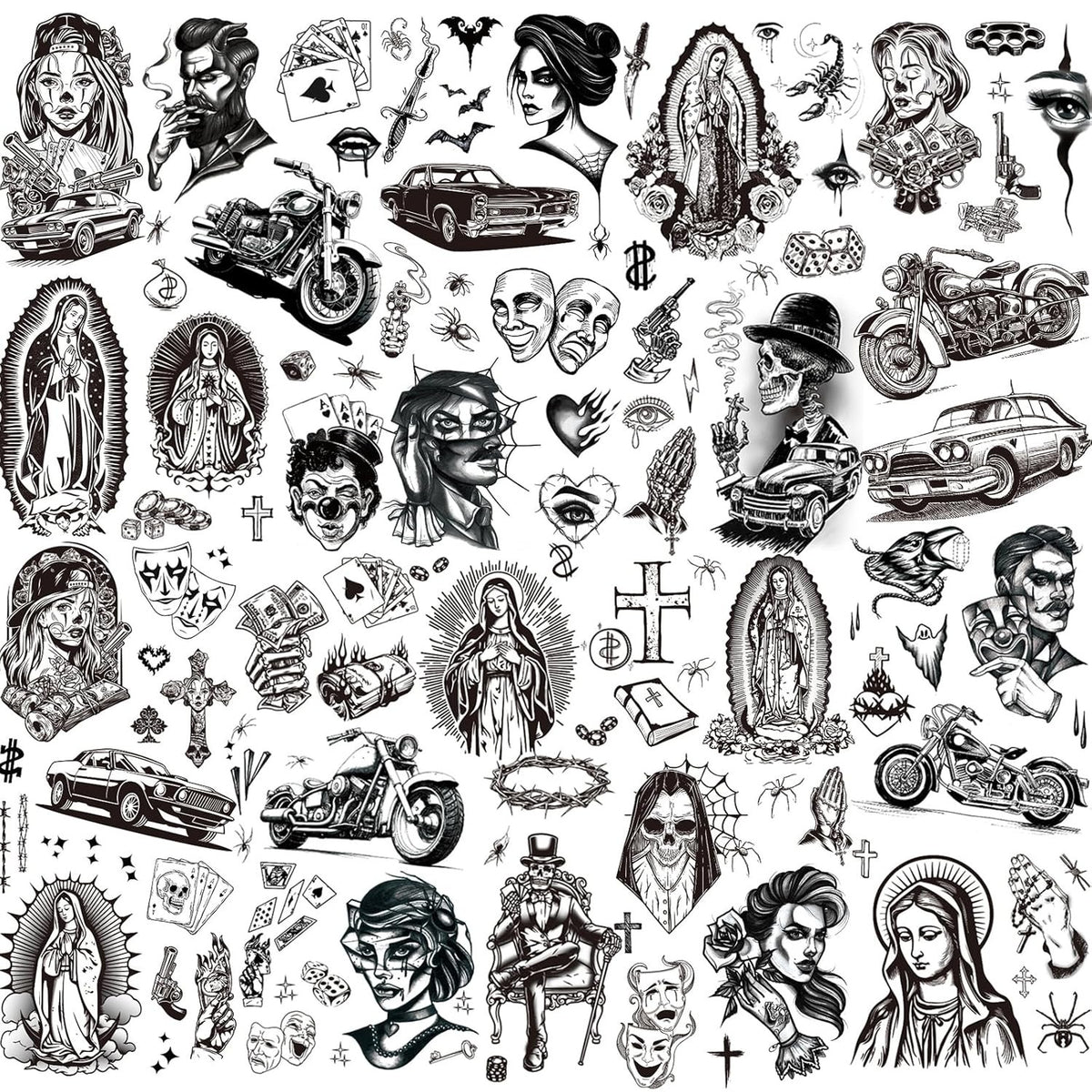 Temporary Tattoos Kit 12 Sheets Halloween Chicano Cholo Chola 110+ Designs Waterproof