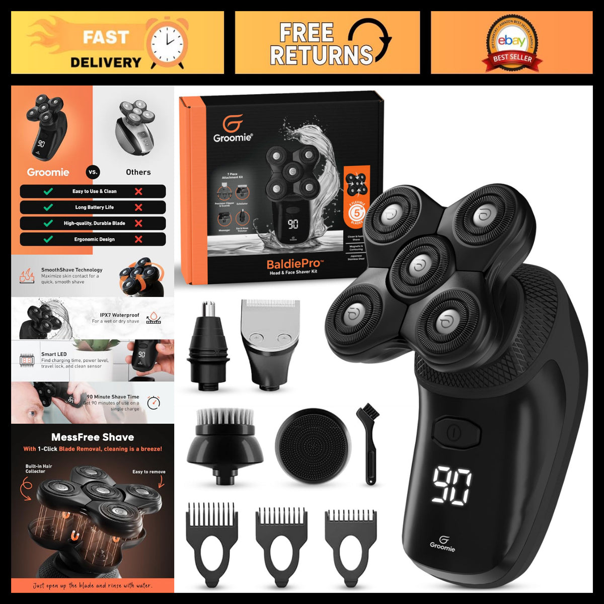 Cordless Waterproof Head Shaver Kit for Men - Close & Fast Shaving