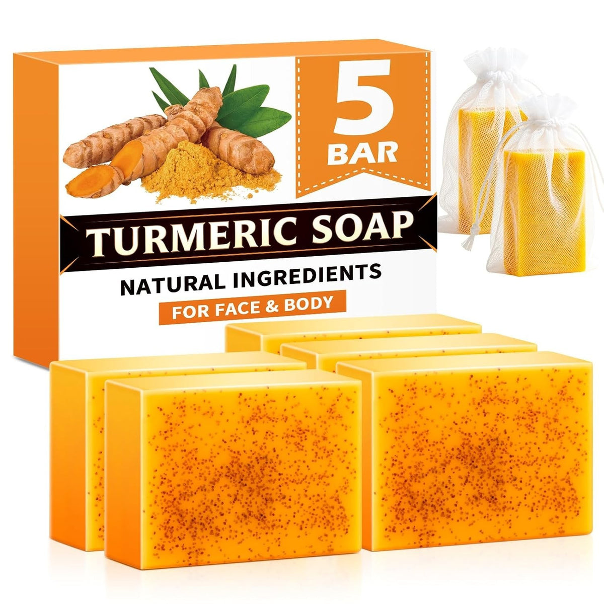 Turmeric Soap for Face and Body - Natural Brightening & Moisturizing 3.5 Oz (Set of 5)