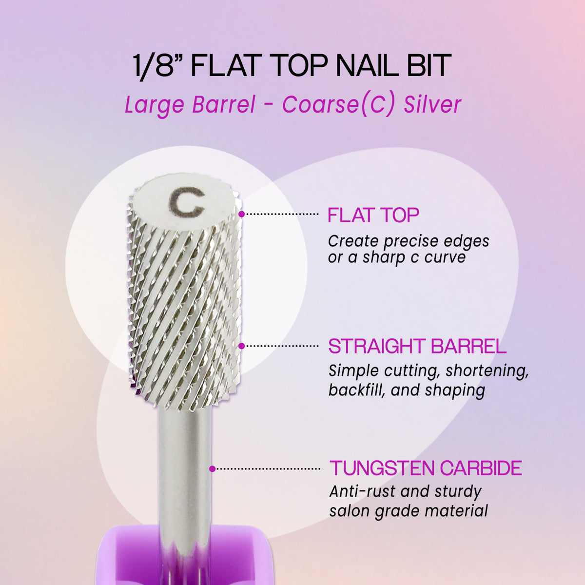 1/8 Inch Shank Flat Top Carbide Nail Drill Bit - Coarse Grit, Silver
