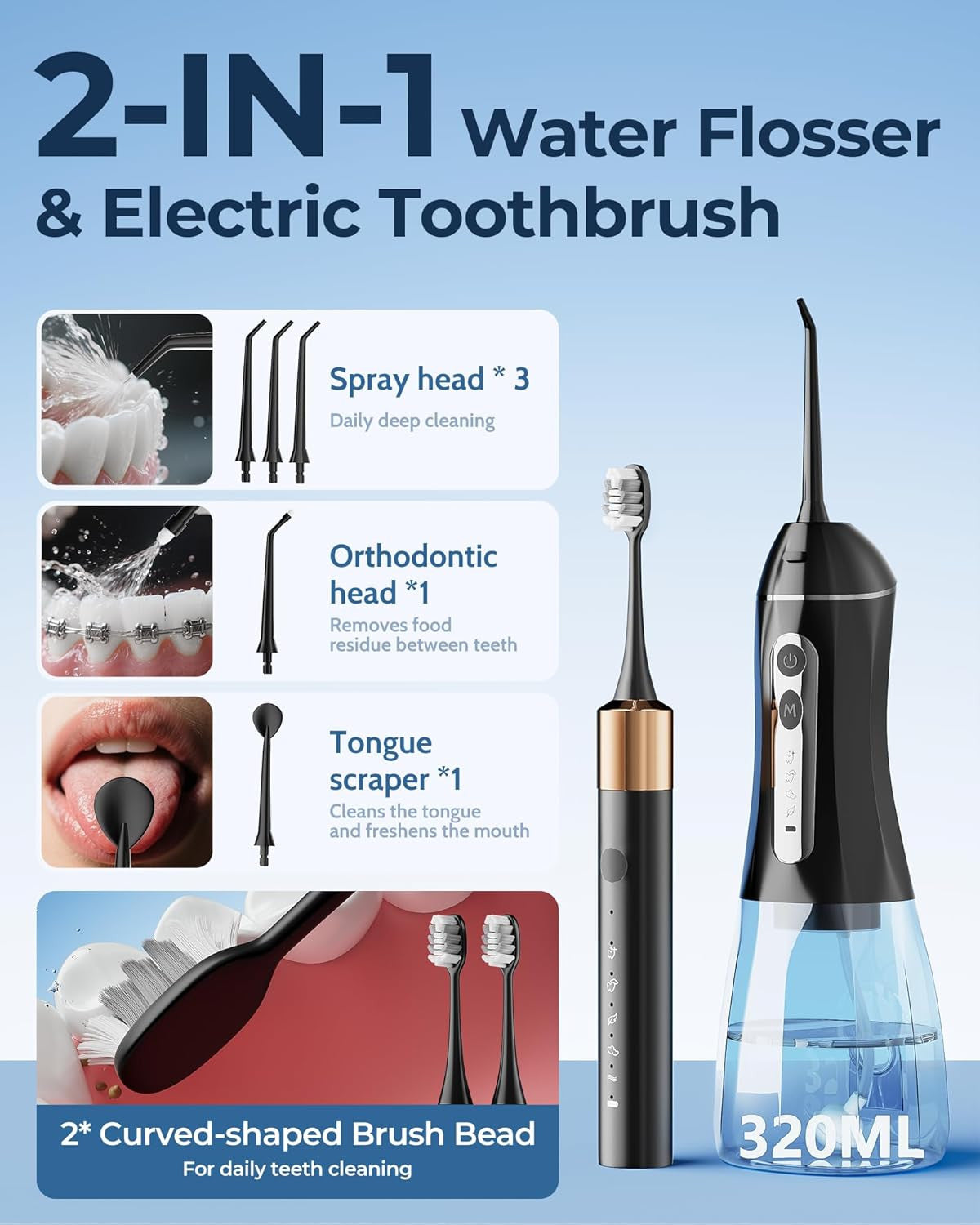 Electric Toothbrush with Water Flosser Set - Sonic Power, 5 Modes, 2 Brush Heads