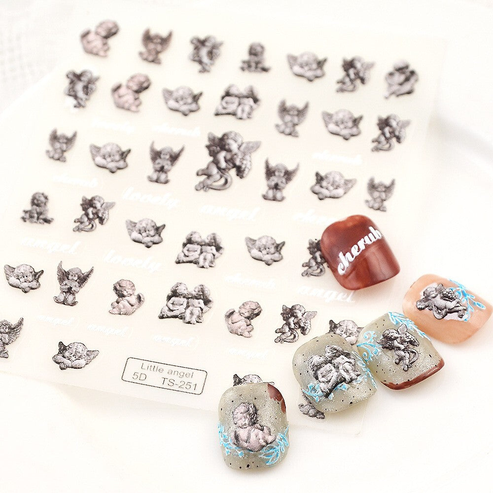 Self-Adhesive 5D Angel Nail Art Stickers, Embossed Nail Decals for Manicure