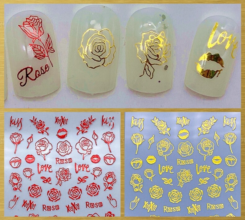 3D Nail Sticker Set with Love Rose Letters Heart Flowers Multiple Colors for Nail Art