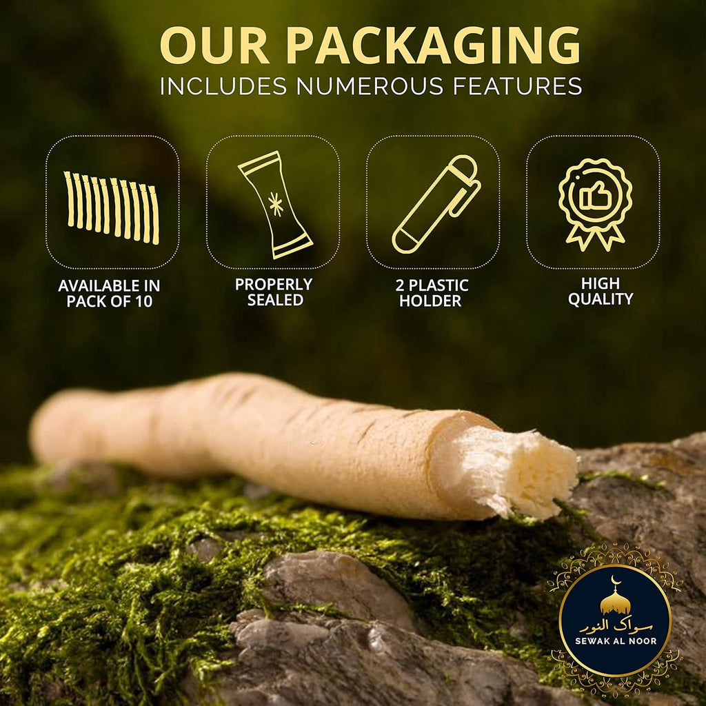 Natural Miswak Tooth Sticks Pack of 10 with Holders - Herbal Teeth Cleaning