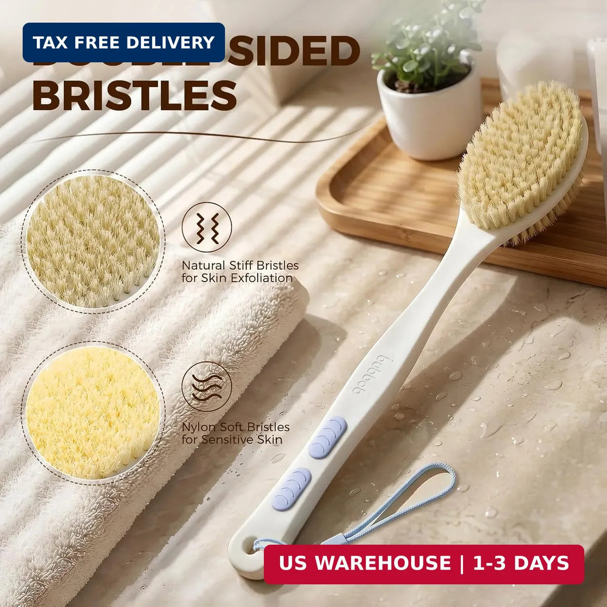 Back Scrubber for Shower with Long Handle, Double-Sided Bristles, Blue