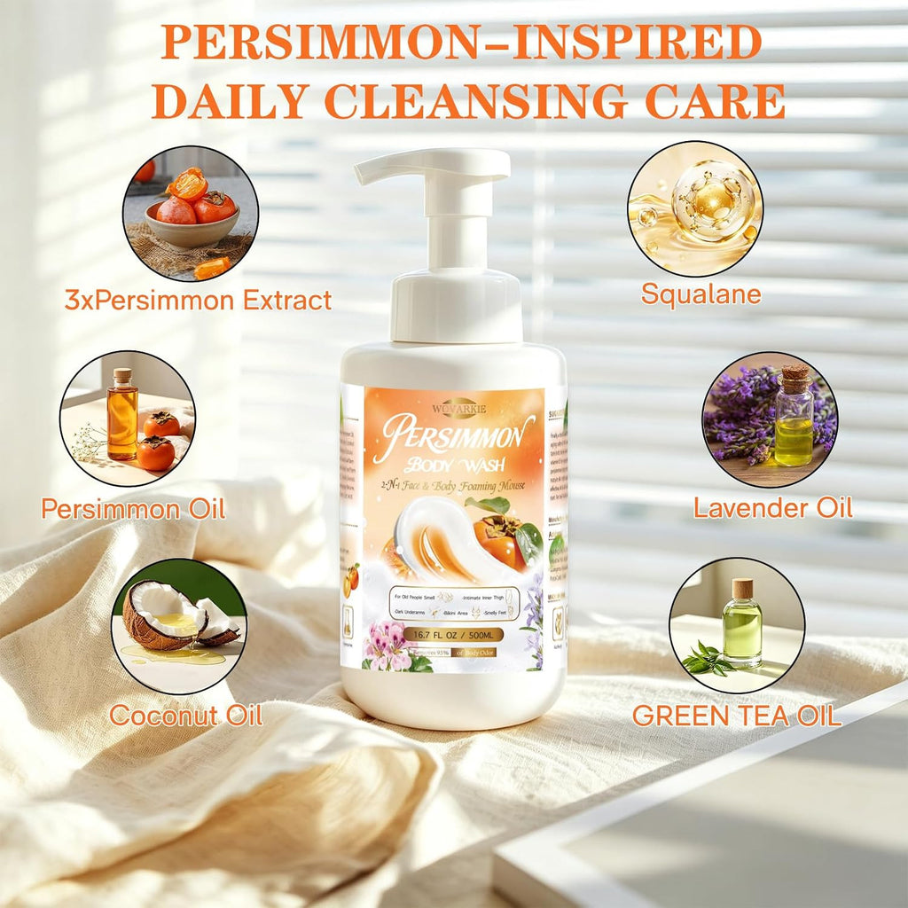 Persimmon Body Wash for Aging Odor, 17.8 FL Oz Foaming Mousse for Older Skin