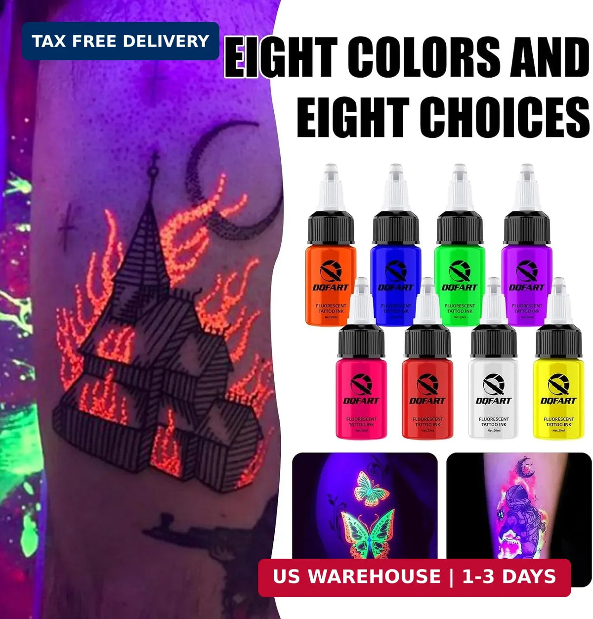 8-Color Fluorescent Tattoo Ink Set 20ml Each UV Body Art Neon Pigment